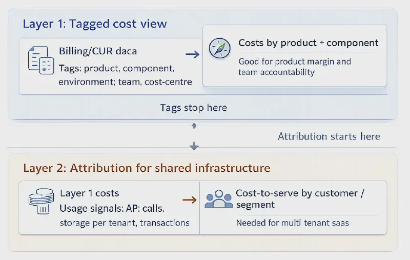 Two-layer diagram: in layer one, billing and CUR data tagged by product, component, environment, team and cost centre gives costs by product and component, and tags stop there; in layer two, those costs combined with usage signals such as API calls, storage per tenant and transactions give cost-to-serve by customer or segment.