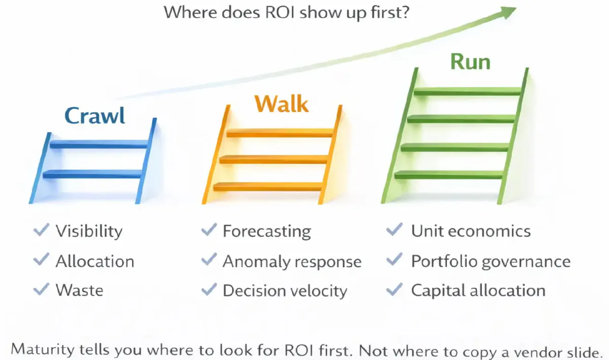 Three ladders of increasing height labelled Crawl, Walk and Run, showing where FinOps ROI appears first at each maturity stage: visibility, allocation and waste; forecasting, anomaly response and decision velocity; unit economics, portfolio governance and capital allocation.