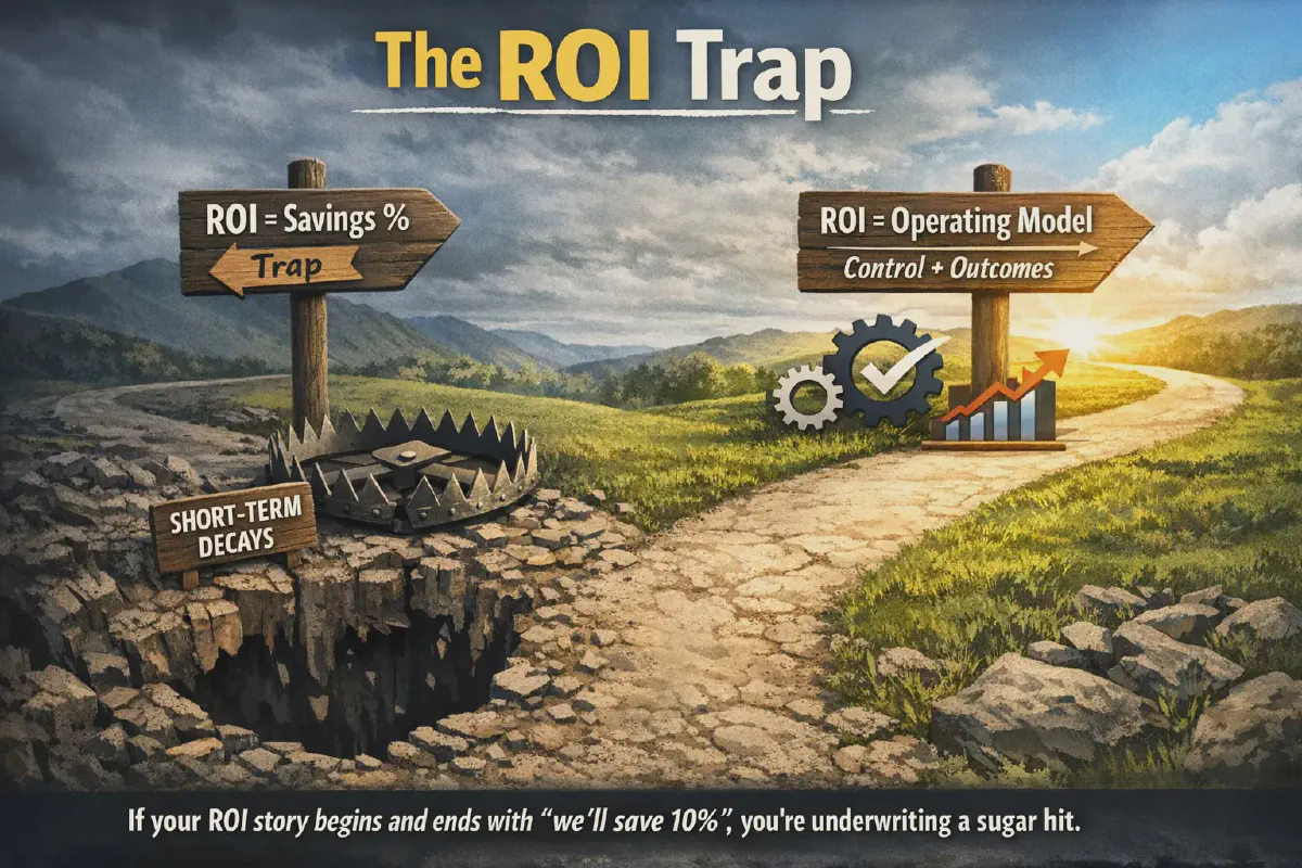 Illustration titled The ROI Trap: a signpost reading ‘ROI = Savings %’ points to a spiked trap beside a crumbling hole marked ‘short-term decays’, while a signpost reading ‘ROI = Operating Model: Control + Outcomes’ points along a sunlit path towards a rising chart.