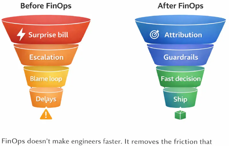 Two funnels comparing the flow before and after FinOps: before, a surprise bill leads to escalation, a blame loop and delays; after, attribution and guardrails lead to a fast decision and shipping.