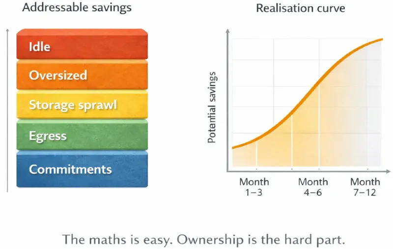 A stack of addressable savings categories (idle, oversized, storage sprawl, egress and commitments) beside an S-shaped realisation curve showing potential savings building across months 1 to 3, 4 to 6 and 7 to 12.